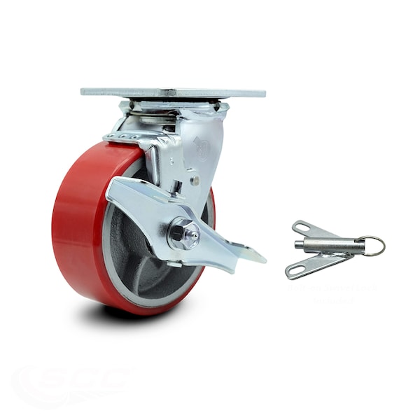 5 Inch Red Poly on Cast Iron Caster with Ball Bearing and Brake/Swivel Lock SCC